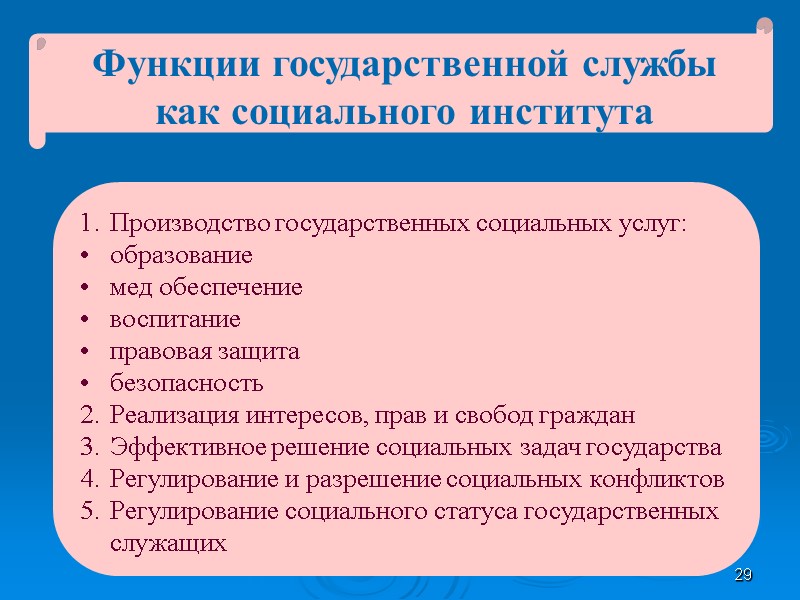 29 Функции государственной службы как социального института Производство государственных социальных услуг: образование мед обеспечение